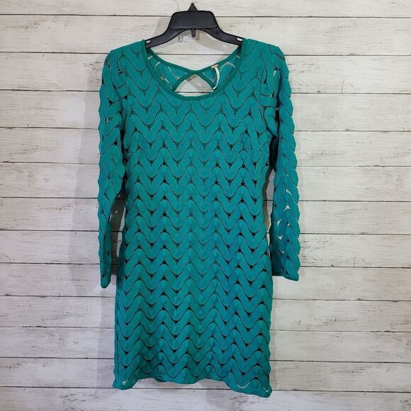 Free People Crochet Style Bodycon Open Back Dress Teal Blue Green Size Small - Picture 3 of 13
